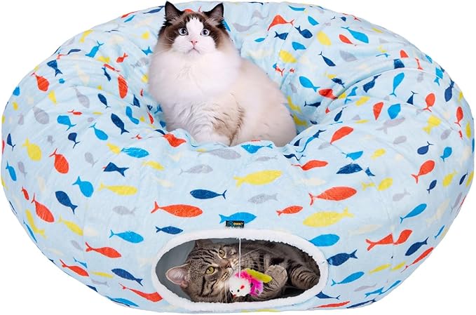 Ownpets Large Cat Tunnel Bed, Soft Plush Cat Donut Tunnel Bed with Washable Cushion, Peekaboo Cat Cave for Indoor Kitten, Puppy, Rabbit, Blue
