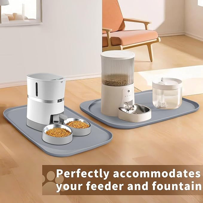 Silicone Pet Food Mat with Raised Edge for Food and Water Bowl, Dog Feeding Mats, Cat Food Trays for Floor Waterproof, Rubber Tray for Dogs and Cats, 24 x 16 x 0.8 Light Gray