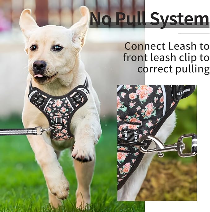HEELE Dog Harness, No Pull Adjustable Padded Reflective Harness for Small Medium Large Dogs with Handle for Walking Training, Flower-Black, XL