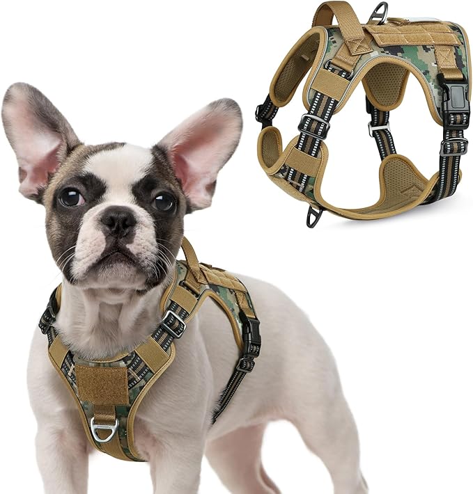 rabbitgoo Tactical Dog Harness for Small Dogs, No Pull Military Service Vest with Handle & Molle, Easy Control for Training Walking, Adjustable Reflective Straps, Brown camo, S