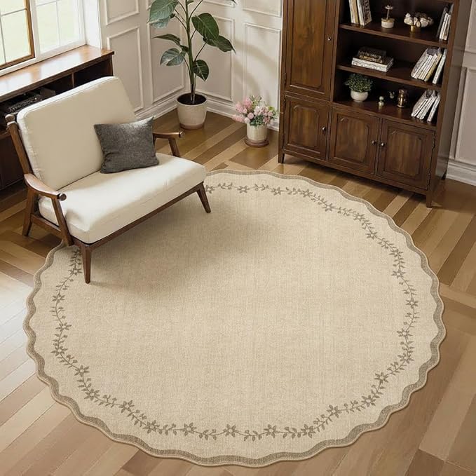 GarveeHome Round Area Rugs 4ft for Kids Room, Solid Jute Scalloped Washable Circle Rug Soft Non Slip Floral Print Floor Mat Tan Carpet Indoor Thin Tent Rug for Bedroom Dining Room Playroom Nursery