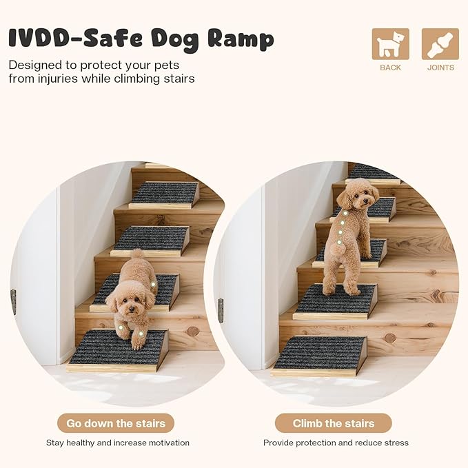 3-Pack Wooden Dog Ramp for Stairs, Anti-Slip Pet Steps for Small Dogs with Carpet Surface, Low-Angled Pet Ramps for Staircase, Steps and Stairs Assist for Injured & Aged Pets, Stairs Ramp for Dogs