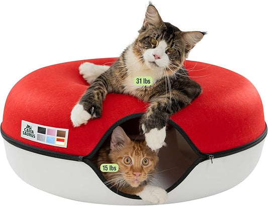 Cattasaurus Peekaboo Cat Cave, Extra Spacious for Multiple & Large Cats 12+ lbs, Scratch Detachable Cat Beds for Indoor Cats, Washable Tunnel Bed, Comfy Donut Tunnel (Ruby Snowball, Jumbo)