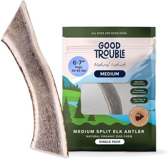 Good Trouble Premium Elk Antlers for Medium Dogs – 1 Pack Split - All-Natural, Shed Antler Chews for Dental Health & Calming - Durable Dog Bones - Cruelty-Free, North American Sourced