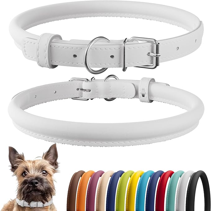 CollarDirect Rolled Leather Dog Collar, Soft Padded Round Puppy Collar, Handmade Genuine Leather Collar Dog Small Large Cat Collars 13 Colors (6-7 Inch, White Smooth)
