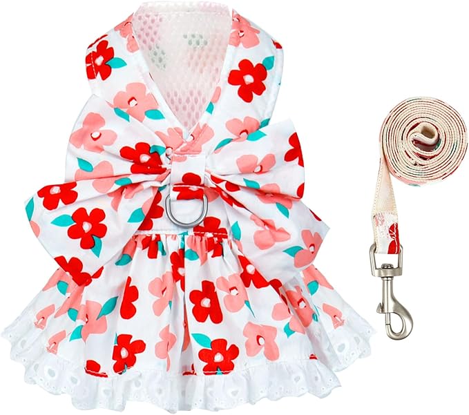 Cute Floral Dog Harness Dress and Leash Set for Small Dogs Cats Girl Puppy Bowknot Princess Birthday Dress Summer Female Pet Small Dog Clothes Lace Doggie Kitten Outfits Apparel(Red,XS)