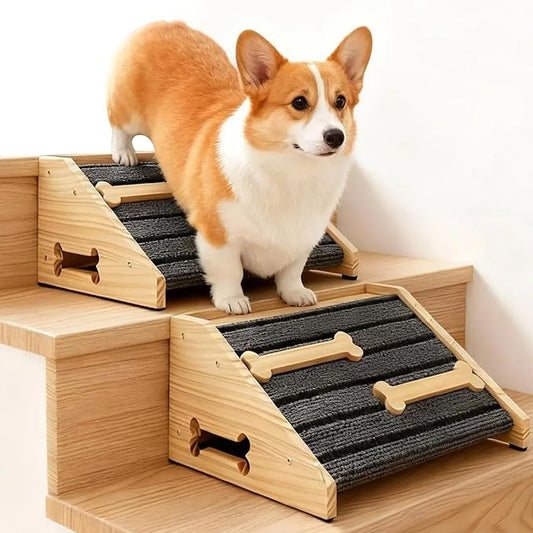 2-Pack Wooden Dog Ramp for Stairs - Natural Pine Wood Pet Step Ramp with Anti-Slip Bone Strips & Felt Padding, Stair Wedge for Small Medium Dogs, Indoor Home Safety Access for Injured Dogs