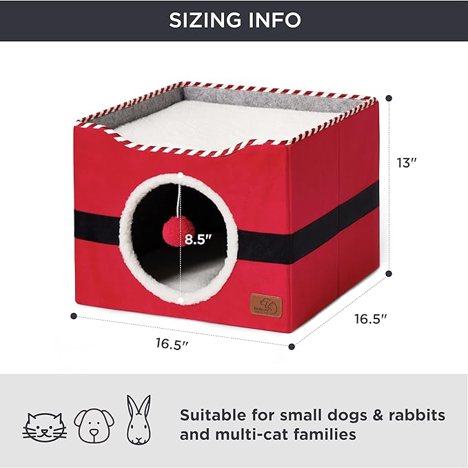 Bedsure Cat Beds for Indoor Cats - Large Cat Cave for Pet Cat House with Fluffy Ball Hanging and Scratch Pad, Foldable Cat Hideaway, 16.5x16.5x13 inches,Red
