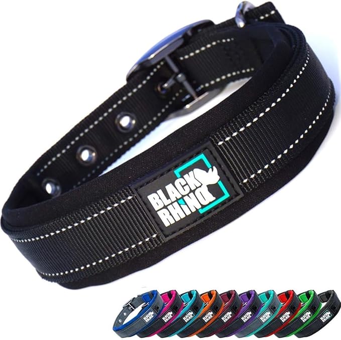 Black Rhino Dog Collars for Large Dogs - Adjustable Reflective Heavy Duty Dog Collar with Ultra-Soft Neoprene Padding - Weatherproof, Durable, and Comfortable - Ideal for Active Dogs - Black