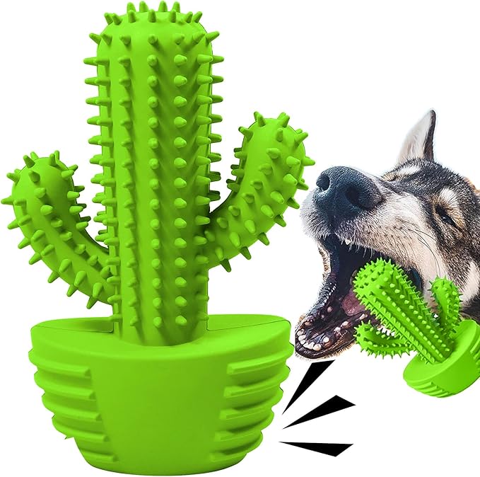 Dog Chew Toys, Toothbrush Stick Teeth Cleaning Brush Dental for Small Medium Large Dog, Rubber Squeaky Toys for Aggressive Chewers Cactus Tough Toys