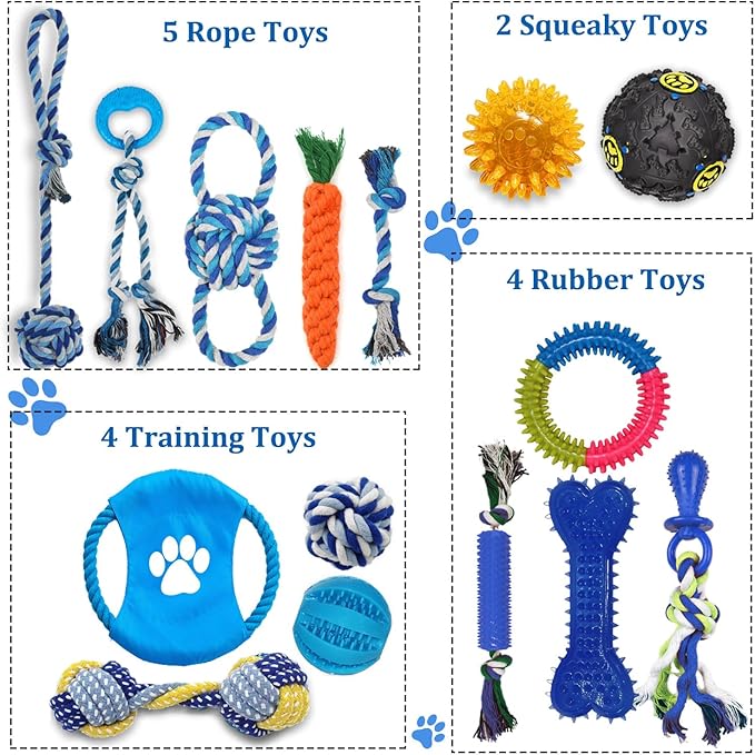 Dog Toys 15 Pack for Teeth Cleaning and Fun, Puppy Teething Chew Toys Interactive Rope Squeaky Treat Balls & Rubber Tous Bulk– Variety Dog Gifts Set Reduce Anxiety & Save Furniture