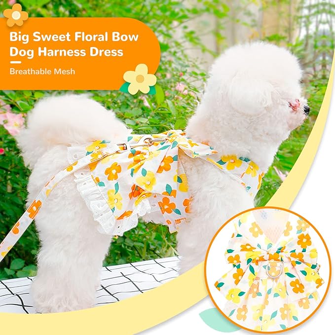 Dog Harness Dress Leash Set for Small Dog Summer Clothes Girl Female Puppy Cats Outfits Cute Floral Bowknot Princess Birthday Dress for Extra Small Pet Doggie Kitten Outfits Apparel(Yellow,S)