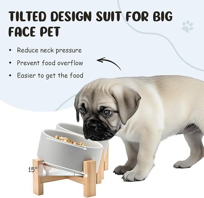 SPUNKYJUNKY 15° Slanted Ceramic Dog and Cat Bowl with Wooden Stand, Tilted Bulldog Food and Water Bowl No Slip Non-Spill for Cats Medium Dogs Big Face Pets 13.5 OZ (1.7 Cups, Grey × 2)