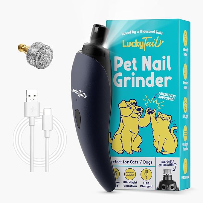 LUCKY TAIL Pet Nail Grinder for Dogs and Cats - Super Quiet and Low Vibration Electric Dog Nail Grinder with 2 LED Lights - USB Rechargeable and Cordless - 2 Speeds - Small to Large Pets - Dark Blue