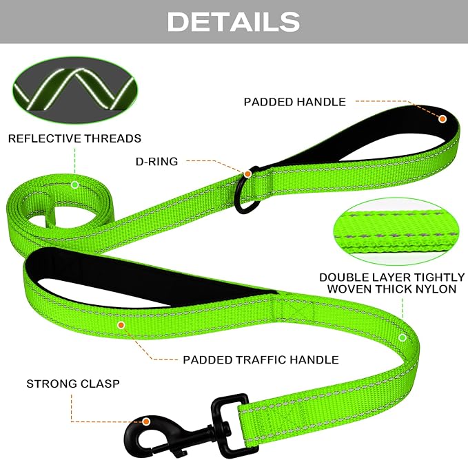 Joytale Dog Leash Heavy Duty for Large Dogs That Pull, Double Handle for Traffic Control, Double-Sided Reflective Leashes for Large Medium Dogs Night Safety, 4FT, Green