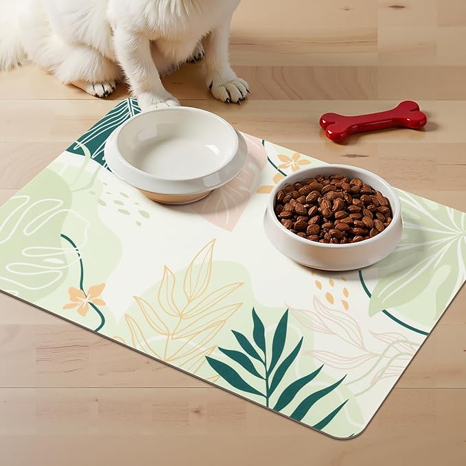 Topotdor Boho Dog Food Mat for Floors, Absorbent Quick-Dry Cat Pet Feeding Mat, Non-Slip Dog Bowl Mat for Food and Water, Pet Placemat for Dogs, Cats, Puppy Accessories, 12"x20", Green