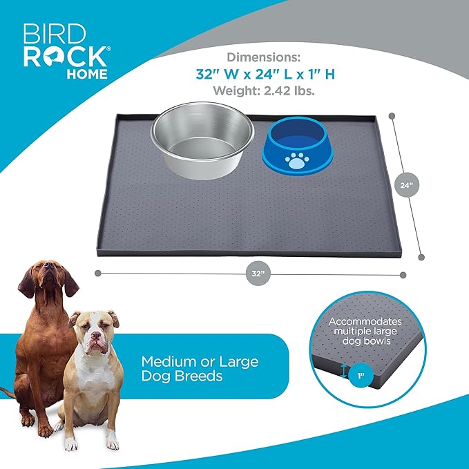 BIRDROCK HOME Extra-Large Dog Mat for Food and Water Bowls - Waterproof Pet Feeding Mat to Prevent Spills - Anti-Slip Rubber Tray for Messy Eaters - Placemat Protector for Floors - 32in x 24in - Grey