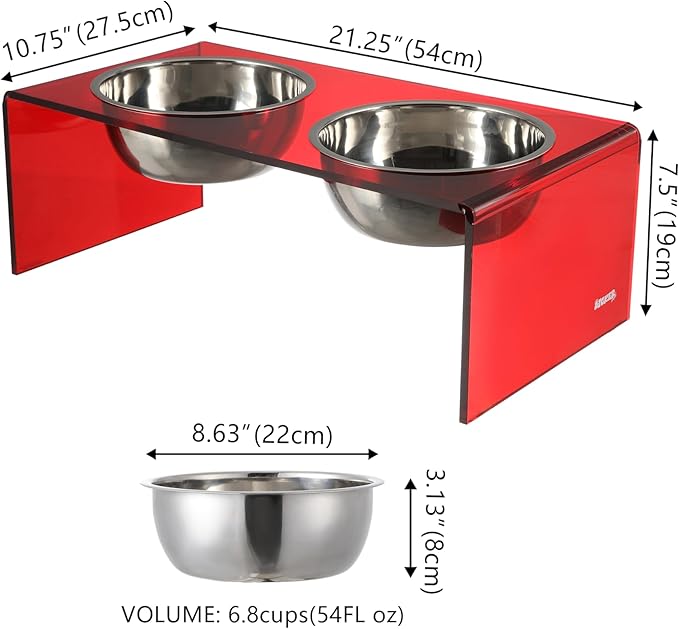 The LICKER Store DBL2001H Keaton 7.5" Medium/Large Modern Acrylic Rectangular Elevated Pet Feeder with 54oz 2-Stainless Steel Bowls, Red/Chrome