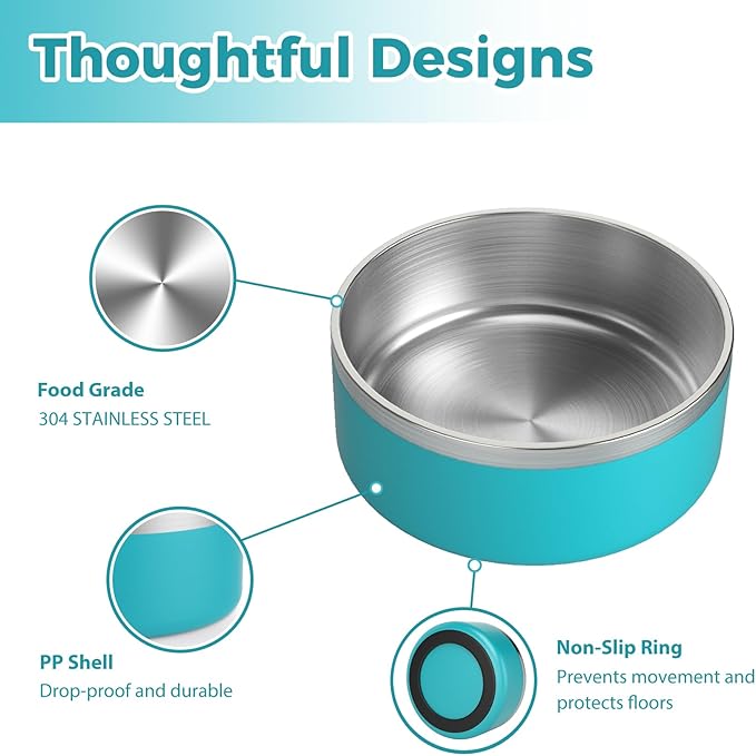 Stainless Steel Dog Bowl - Metal Water and Food Dish for Large Dogs, Insulated, Non-Slip, Easy Clean, 64oz, LakeBlue