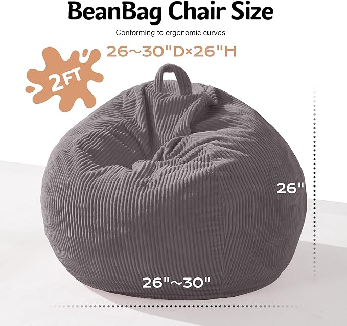 Homguava 2FT Bean Bag Chair,Teardrop Bean Bags Small Beanbag Chair with Memory Foam Filled and Ultra Soft Corduroy Cover for Living Room, Bedroom (Grey)