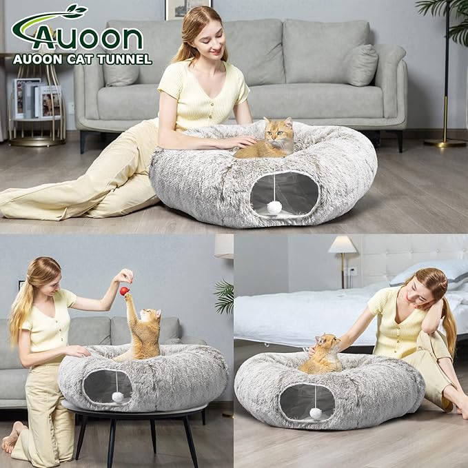 AUOON Cat Tunnel Bed for Indoor Cats - Circle Peekaboo Cat Cave with Washable Mat for Indoor Cats Kitten Kitty Puppy Rabbit Ferret (Light Pink)