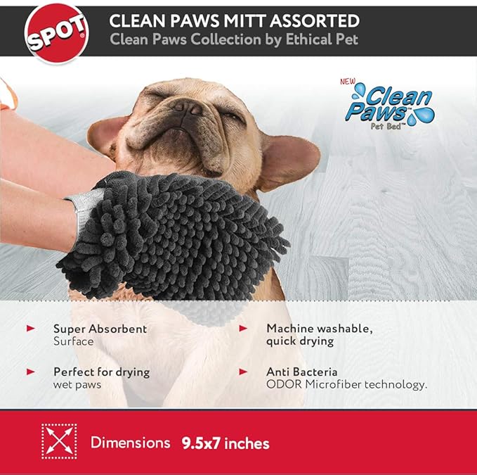 SPOT Clean Paws Chenille Microfiber Dog Towel Mitt - Super Absorbent, Quick-Drying, Washable, Double-Sided Glove for Wet Paws & Body, Durable, Odor-Free, Gently Massages & Dries, 9.5in x 7in