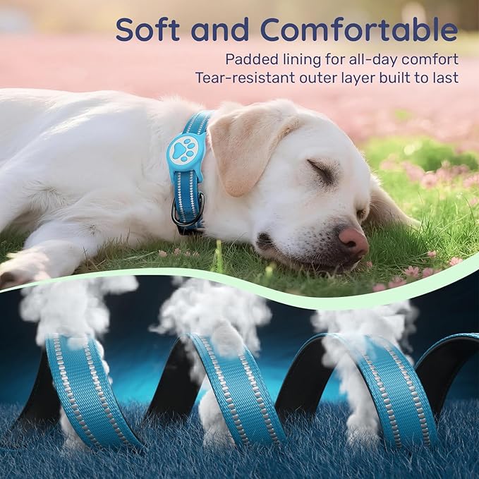 Airtag Dog Collar, Reflective Ultra-Durable Nylon Padded with QR Code Buckle & IP68 Waterproof Air Tag Holder Compatible for Apple AirTag, Comfortable for Small Medium Large Dogs(Blue,S)