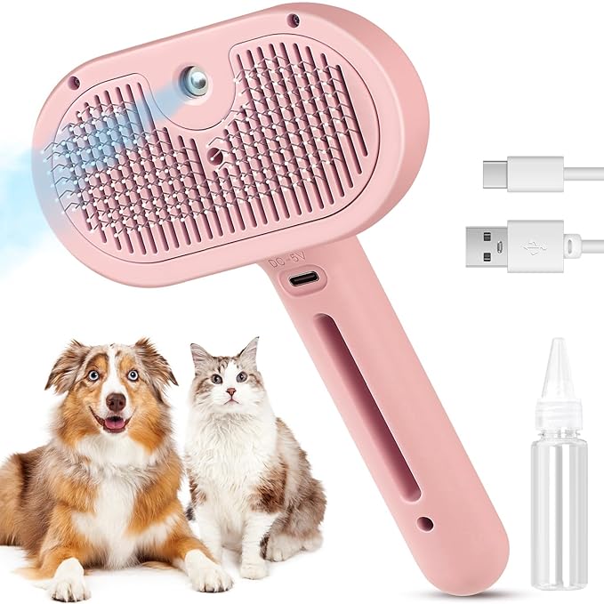 Steam Brush for Shedding Pets - Self-Cleaning Grooming Comb with Water Tank for Long & Short Haired Cats and Dogs (Pink)