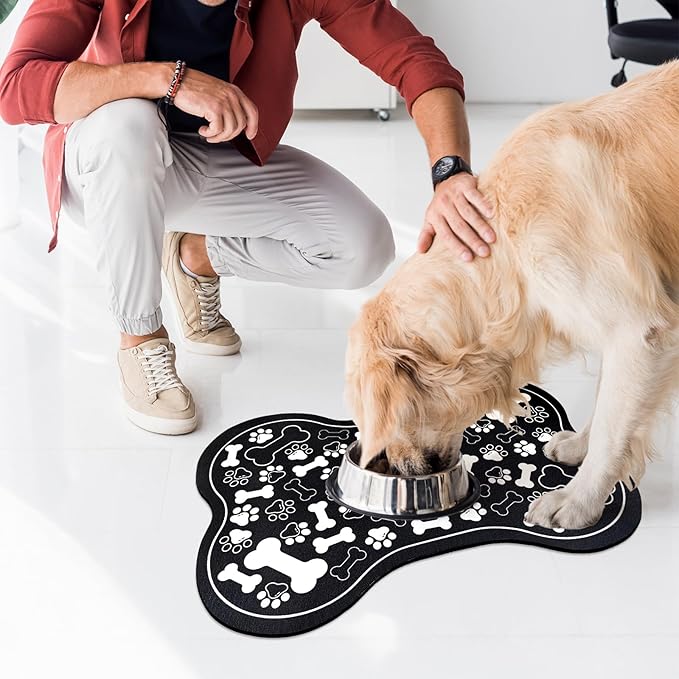 Dog & Cat Food Mat Bone Shaped Pet Feeding Mat Quick Absorb Water Bowl Placemat with Rubber Backing Indoor Floor Stain Resistant Pet Accessory Supplies (Black Small, 12x18 Inches)
