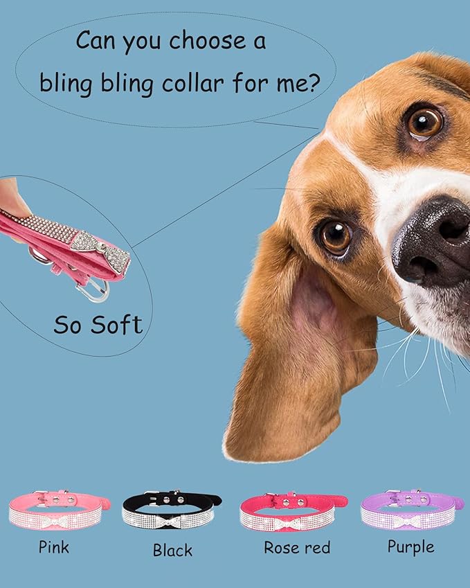 Bling Dog Collar for Small Medium Large Dogs, Crown Rhinestone Dog Collars for Girl and boy Dog, Diamond Puppy Collars, Adjustable Leather Suede SOFE Cat Collar (XS(8.2"-10.6"/21CM-27CM), Rose Red2)