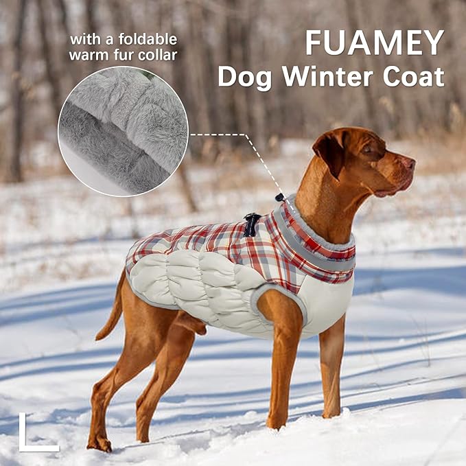 FUAMEY Dog Coat for Small Dogs,Waterproof Dog Winter Jacket with Harness Built in Puppy Cold Weather Coats Reflective Pet Vest with Zipper Warm Fleece Dogs Snowsuit Windproof Red Plaid XS