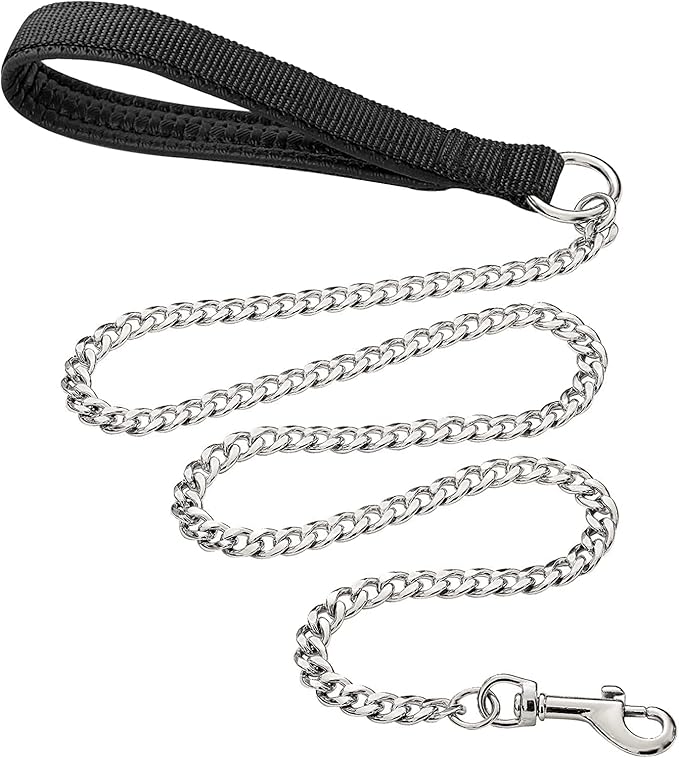 Chain Heavy Duty Metal Dog Leash, 4FTx3mm Chew Proof Pet Leash Chain with Soft Padded Handle for Large & Medium Size Dogs Walking, Training and Traveling (0-80 lbs)