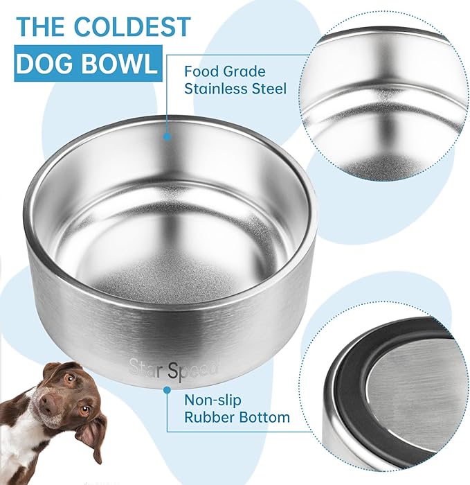 StarSpeed Stainless Steel Dog Bowl. Dog Water Bowls for Large Dogs with Rubber Bottom, Drop Resistant and Durable, Keeps Cold, Holds 8 Cups of Water, Fits Different Size Dog Bowls. (64oz, Stainless)