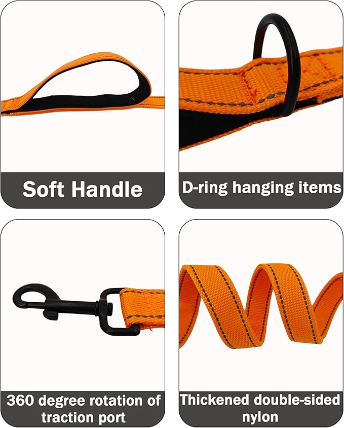 Solmoony 4FT Orange Strong Dog Leash with 2 Padded Handles, Traffic Handle Extra Control, Double-Sided Reflective Walking Lead for Small Medium and Large Dogs(Orange, 4FT)
