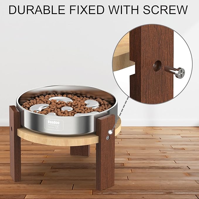 Elevated Dog Bowl Stand, 6'' Height Raised Stand for Medium&Small Dogs, Includes 2Cups Stainless Steel Slow Feeder Dog Bowl, Durable Solid Hardwood