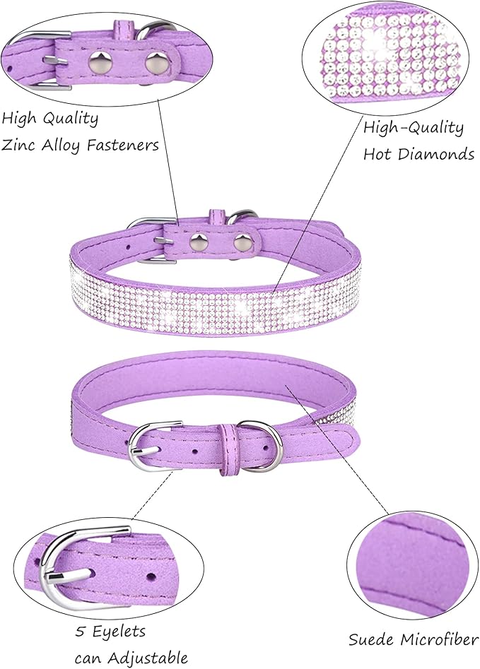 Dog Collar for Large Dogs, Adjustable Leather Suede Bling Dog Collars，Purple Dog Collar Cat Collar, Rhinestone Dog Collar(L, Purple)