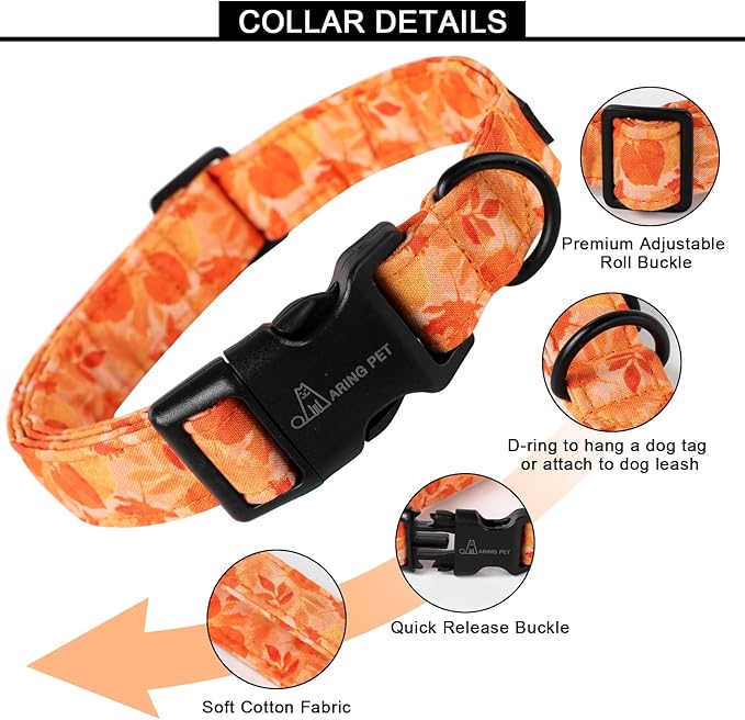 ARING PET Fall Dog Collar-Cute Orange Leaves Dog Collar for Small Dogs, Cotton Lightweight Dog Collars with Quick Release Buckle for Small Medium Large Dogs