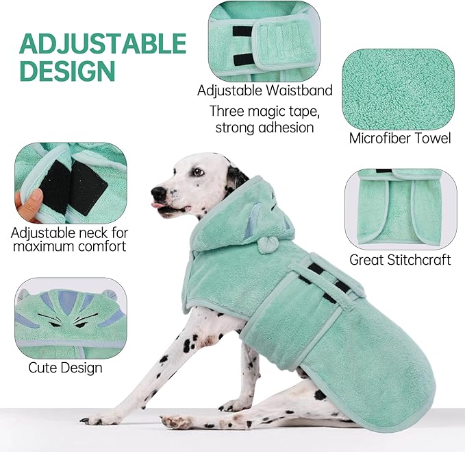 Dog Drying Coat, Microfibre Fast Absorbent Bath Towel With Magic Sticker & Belly Strap - Bathrobe for Puppy, Small, Medium, Large Dogs and Cats