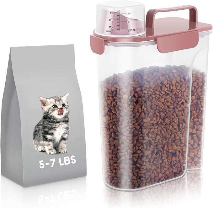 5-7Lbs Cat Dog Storage Container, Portable Pet Food Containers with Upgraded Large Spout and Cup, Small Animal Kibble Dispenser for Bird Seed, Oatmeal, Rice, Flour (1, Pink, 5L)