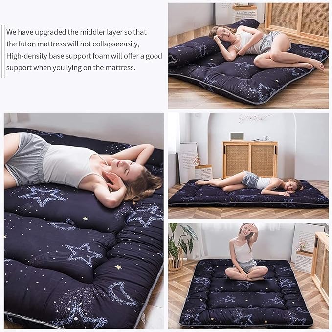 MAXYOYO Japanese Futon Mattress Floor Mattress Sleeping Pad Foldable Bed Roll Up Camping Cushion Floor Lounger Bed Couches and Sofas Couch Topper, Moon and Star, King Size
