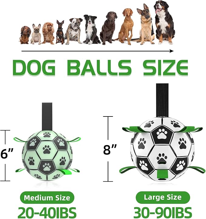 QDAN Glow in The Dark Dog Toys Soccer Ball with Straps - Light Up Dog Balls for Large Dogs, Interactive Dog Toys with Strap for Tug of War,Puppy Birthday Gifts (8 Inch)