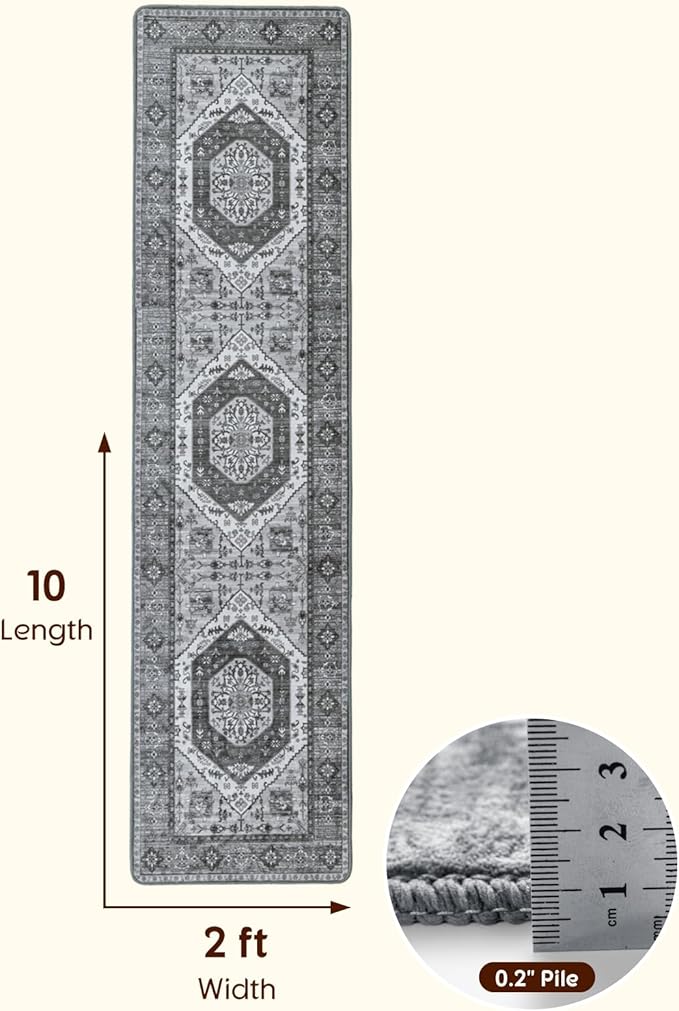 LBRO2M Boho Hallway Rug 2'X10’ Washable Runner Rugs Non Slip Low Piles Rugs Vintage, Soft, Dark Gray Area Rug Runners for Hallways, Bedroom, Kitchen Laundry Room Pattern Print (2'X10', Deep Gray)