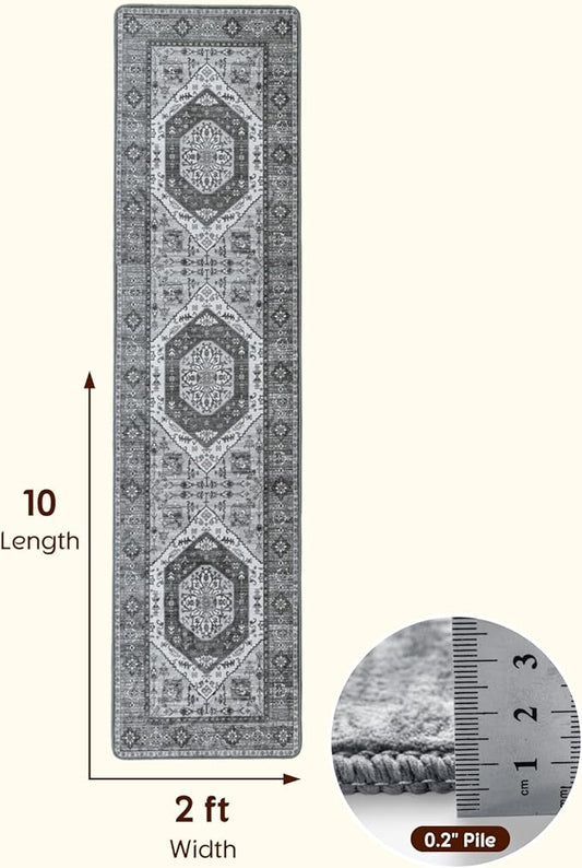 LBRO2M Boho Hallway Rug 2'X10’ Washable Runner Rugs Non Slip Low Piles Rugs Vintage, Soft, Dark Gray Area Rug Runners for Hallways, Bedroom, Kitchen Laundry Room Pattern Print (2'X10', Deep Gray)