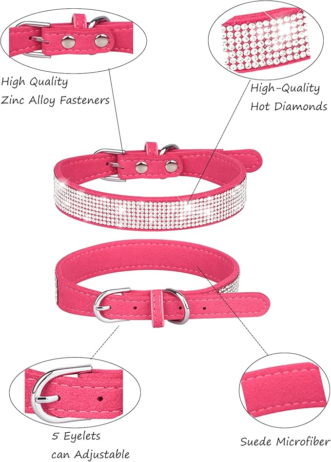 Dog Collar for Small Dogs, Adjustable Leather Suede Bling Dog Collars，Rose Red Dog Collar Cat Collar, Rhinestone Dog Collar (S, Rose red)