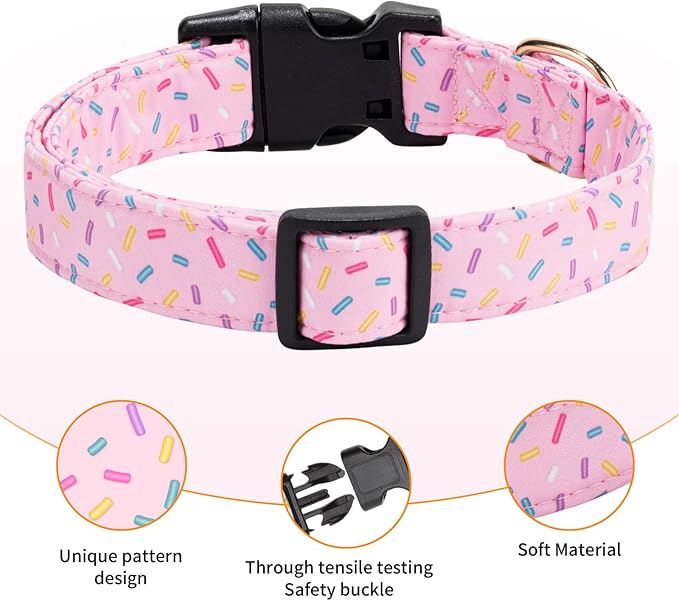 Cotton Dog Collar,Adjustable Cute Puppy Collar with Moon Patterned Design for Small Medium Large Dogs,Soft and Fancy Pet Collar with Safety Buckle for Girl Boy Dogs (Pink Doughnut, S)