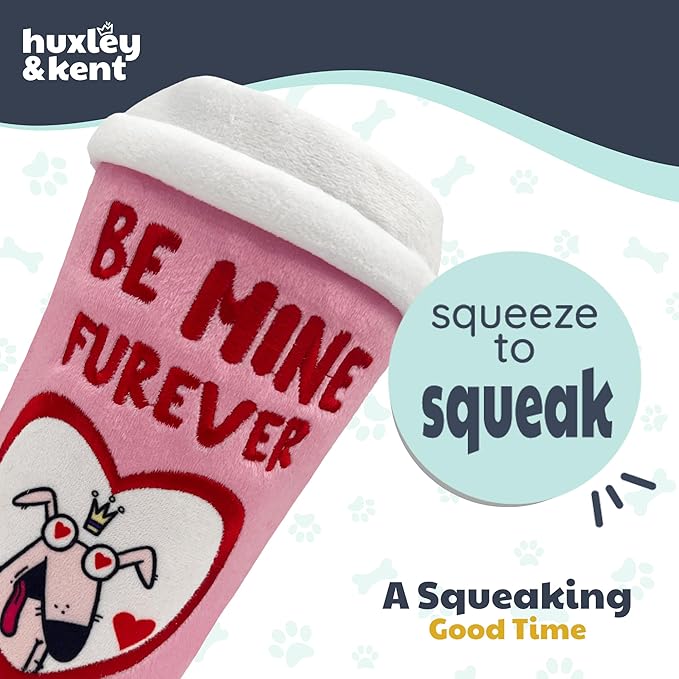 Huxley & Kent Funny Dog Toy w/Squeaker – Valentine's Day Power Plush Squeaky Dog Toys for Small, Medium & Large Dogs – Soft Stuffed Animal for Indoor Play & Fetch - Be Mine Furever Latte, Small