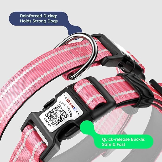 Airtag Dog Collar, Reflective Ultra-Durable Nylon Padded with QR Code Buckle & IP68 Waterproof Air Tag Holder Compatible for Apple AirTag, Comfortable for Small Medium Large Dogs (Hot Pink, XS)
