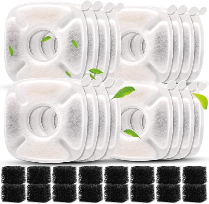 Pet Fountain Filters Compatible with 95Oz/2.8L Dog Water Fountain, Cat Water (16 Carbon filters+16 Sponge filters)