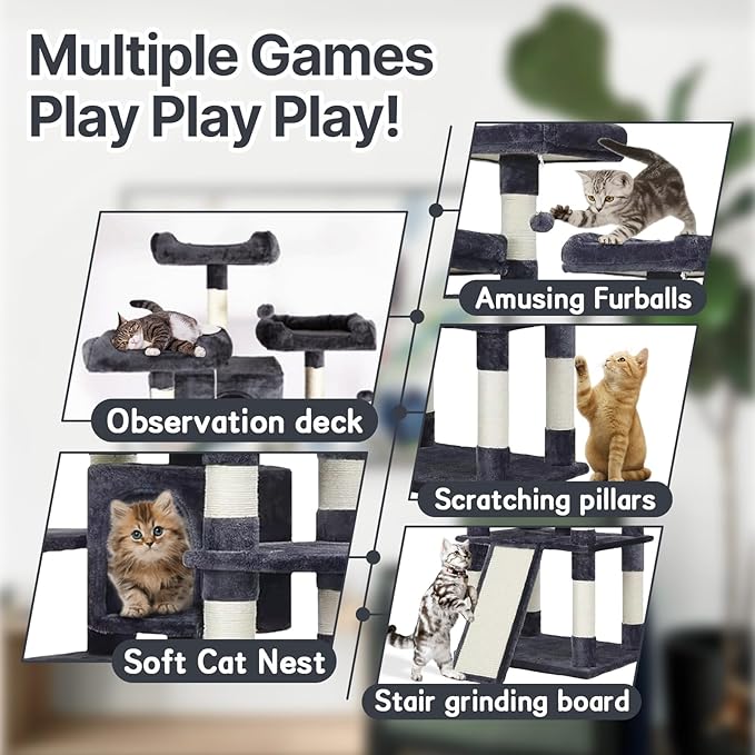 67 Inch Indoor Cat Tree/Multi-Tier Large Cat Climbing Shelf for Big Cats/Tower with Condo/Cozy Plush Perch/Corner Cat Climbing Tree/Sisal Scratching Post and Hammock (Dark Gray)