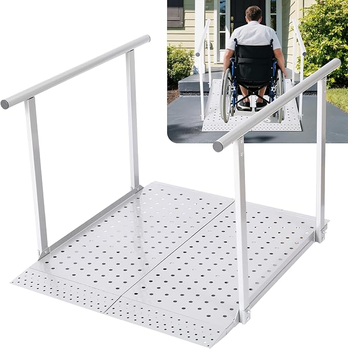 Folding Wheelchair Ramp with Handrails for Steps ??Heavy Duty Threshold Ramp 500lbs Capacity, Safe Door Portable Ramp with Handle for Home Entrance for Elderly, Walkers, Mobility Scooters